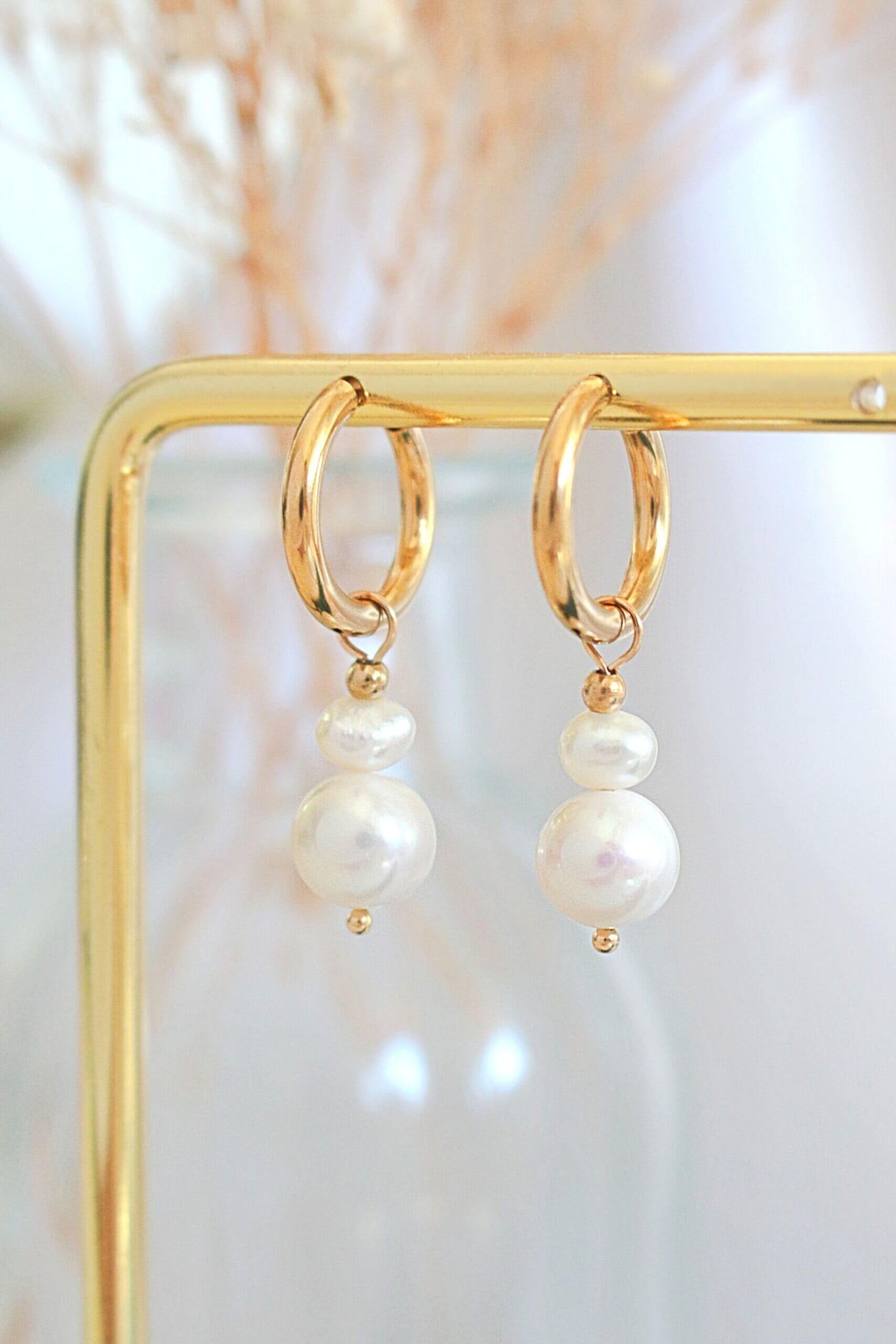 24K Gold Plated Freshwater Pearls Baroque Dangle Hoops