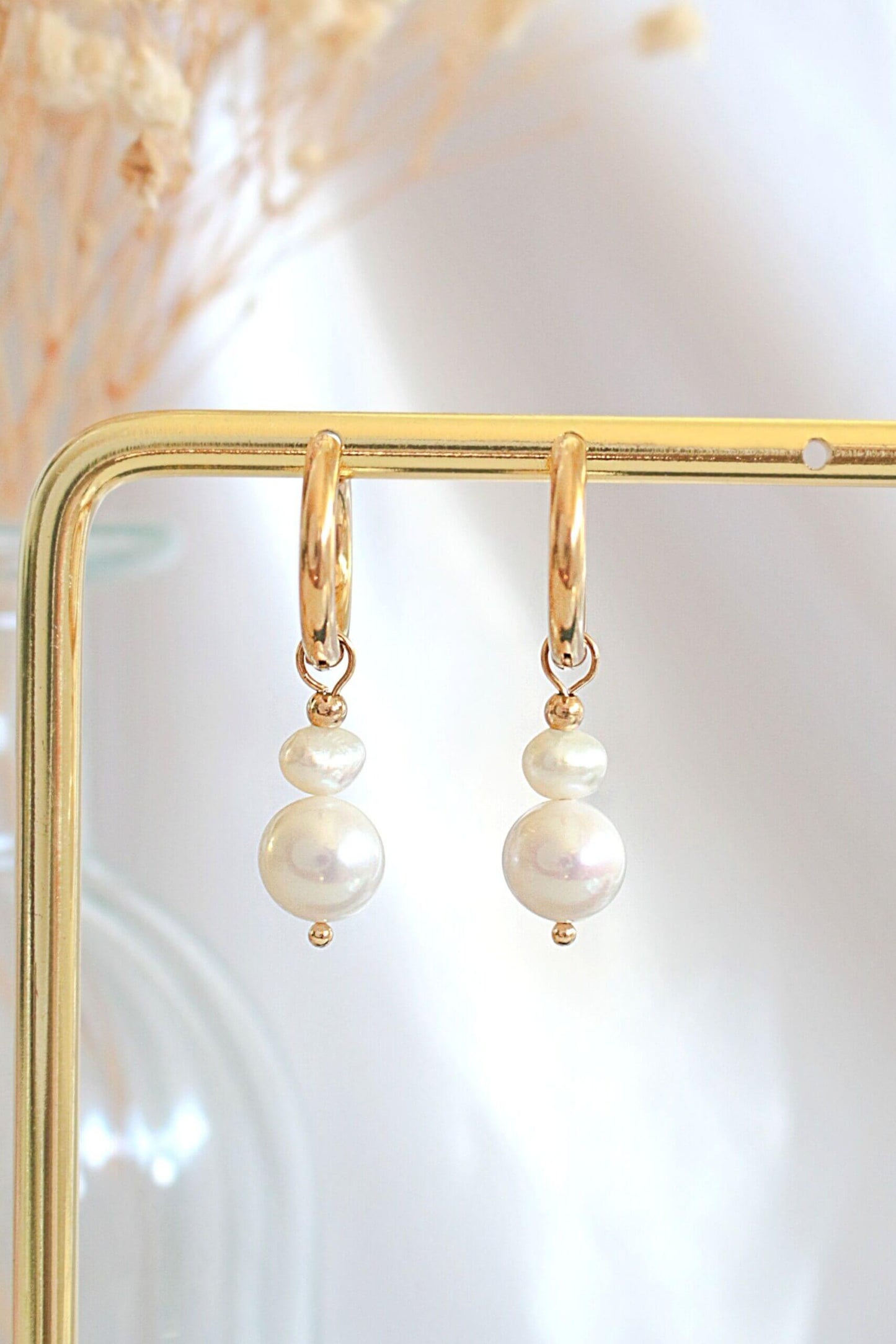 24K Gold Plated Freshwater Pearls Baroque Dangle Hoops